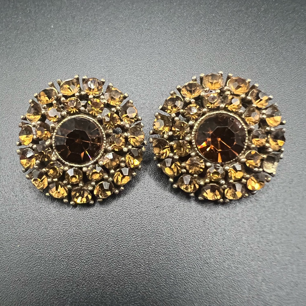 Vtg 50s Signed Weiss Amber Orange Ab Rhinestone Cluster Clip-On Earrings 27$
